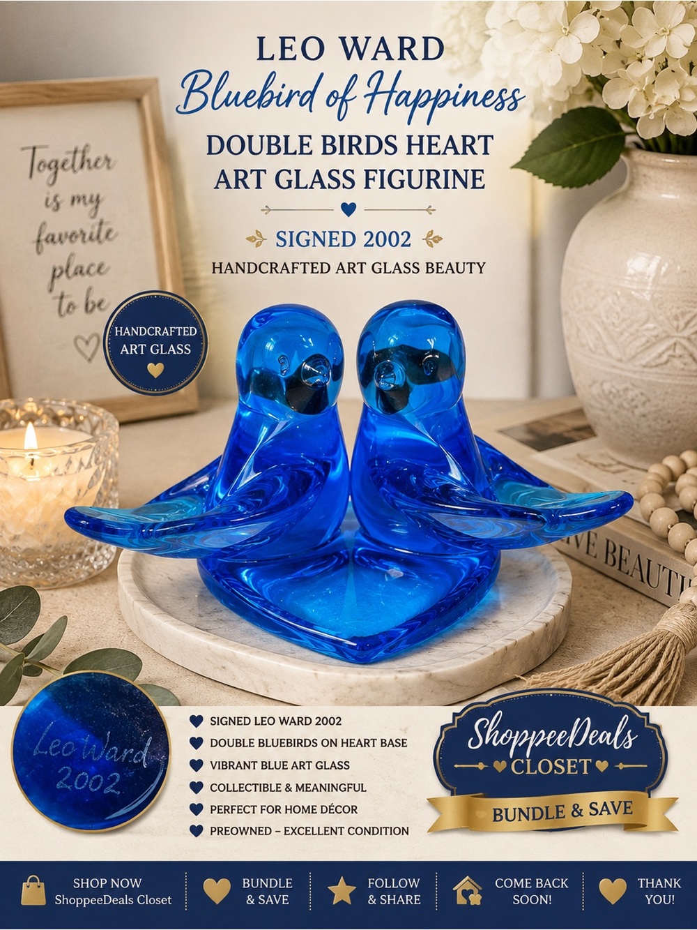 Leo Ward Bluebird of Happiness Double Birds Heart Art Glass Figurine Signed 2002